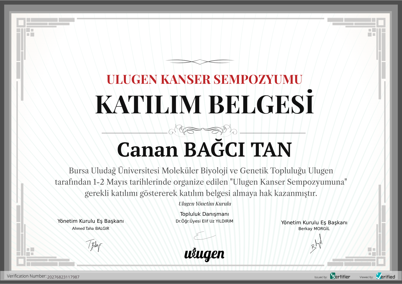 ULUGEN Kanser Sempozyumu Belgesi